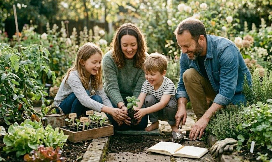 família em contato com a natureza plantando alimentação saudável pafra o bem-estar de todos.