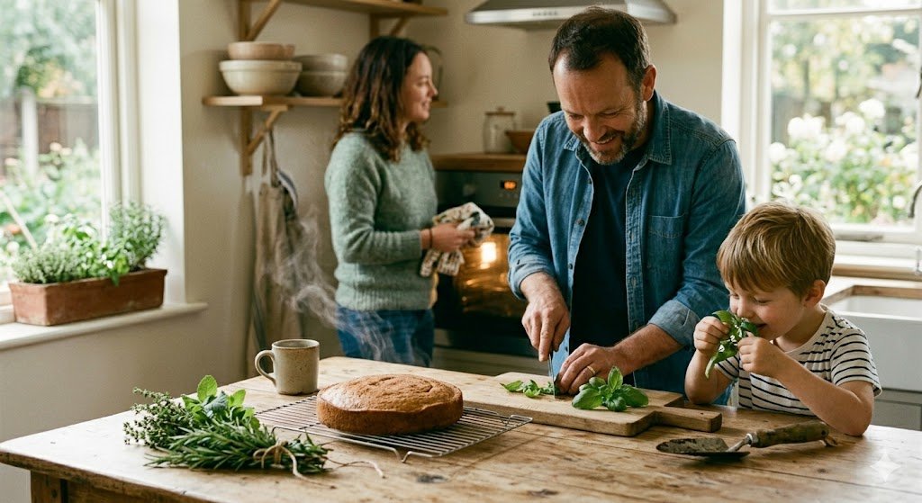 pai e mãe passando conhecimentos culinários para os filhos e criando mmemórias afetivas